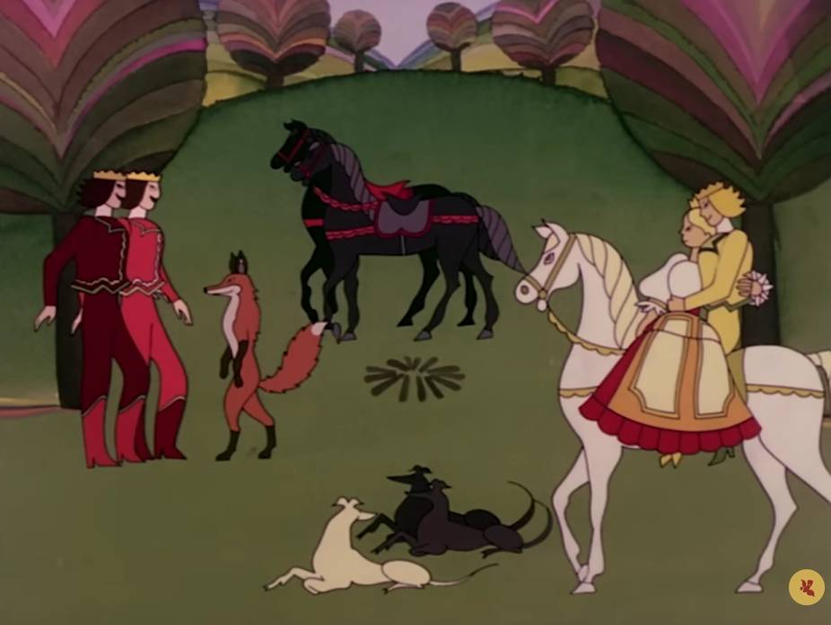 Scene with two red princes, three dogs, a fox, a golden prince and princess on a horse, and two black horses